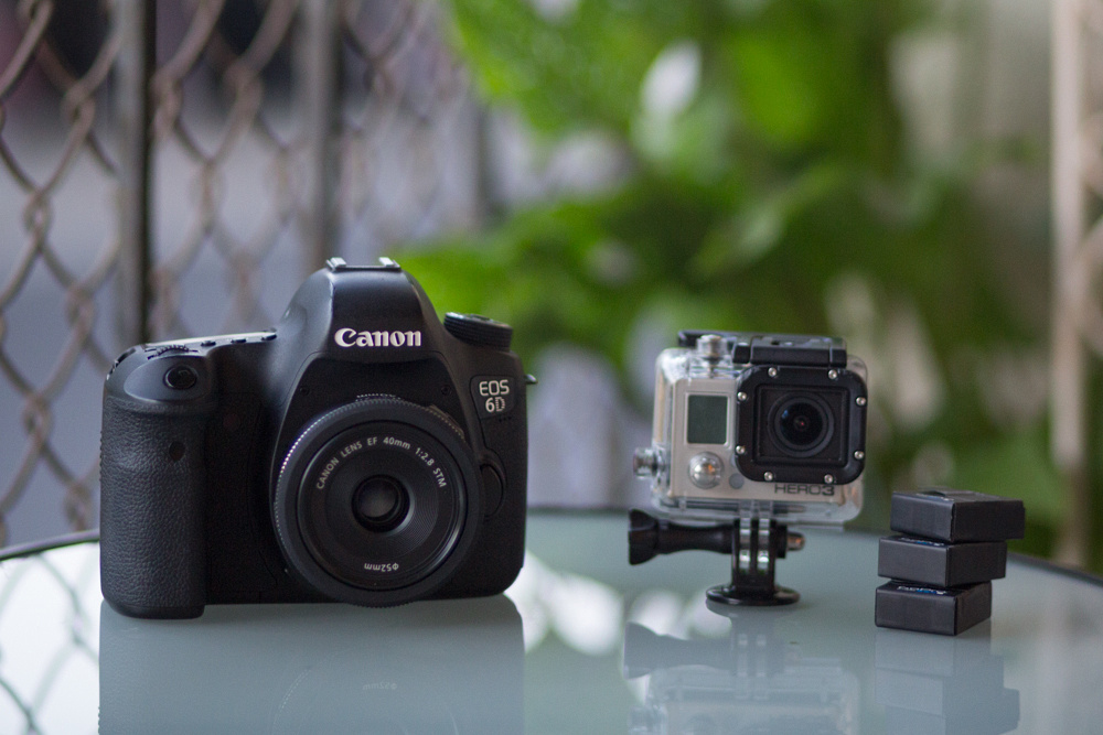 Canon 6d with "pancake" 40mm f/2.8 (AKA shorty forty) and GoPro Hero 3 Black Edition with 3 extra batteries